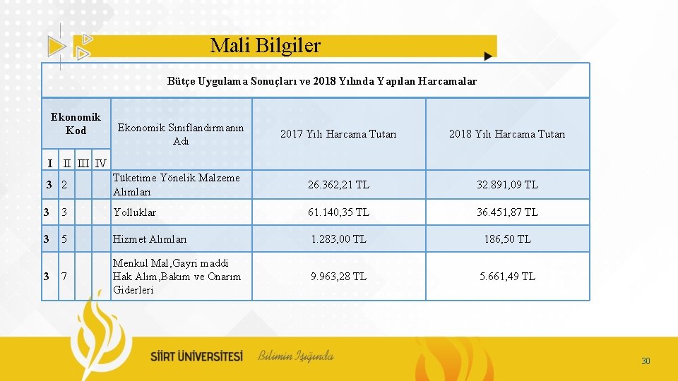 Mali Bilgiler Bütçe Uygulama Sonuçları ve 2018 Yılında Yapılan Harcamalar Ekonomik Kod Ekonomik Sınıflandırmanın