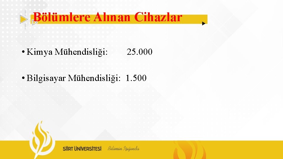 Bölümlere Alınan Cihazlar • Kimya Mühendisliği: 25. 000 • Bilgisayar Mühendisliği: 1. 500 