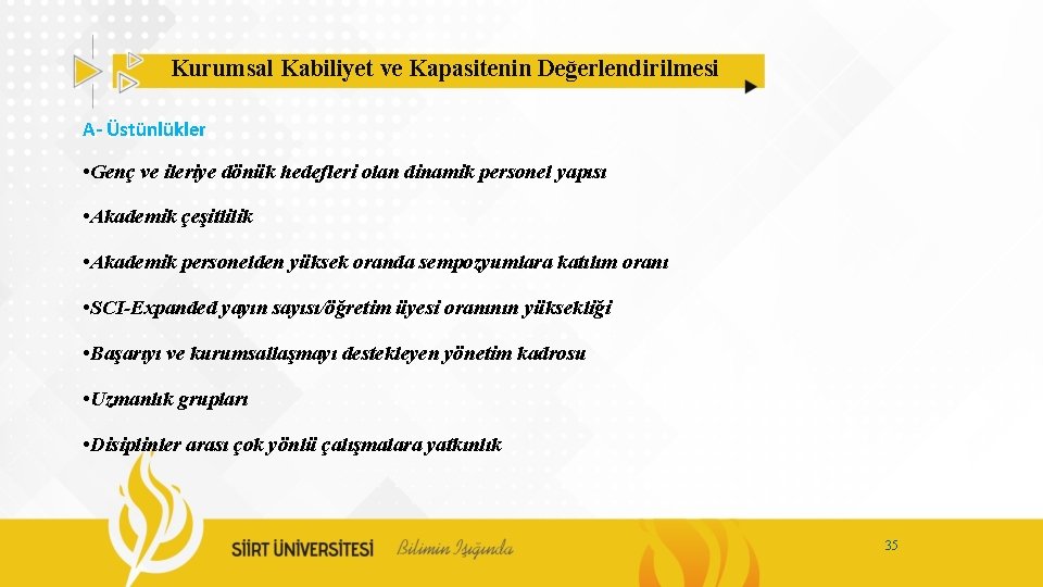 Kurumsal Kabiliyet ve Kapasitenin Değerlendirilmesi A- Üstünlükler • Genç ve ileriye dönük hedefleri olan