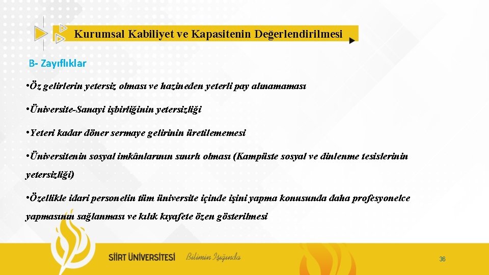 Kurumsal Kabiliyet ve Kapasitenin Değerlendirilmesi B- Zayıflıklar • Öz gelirlerin yetersiz olması ve hazineden