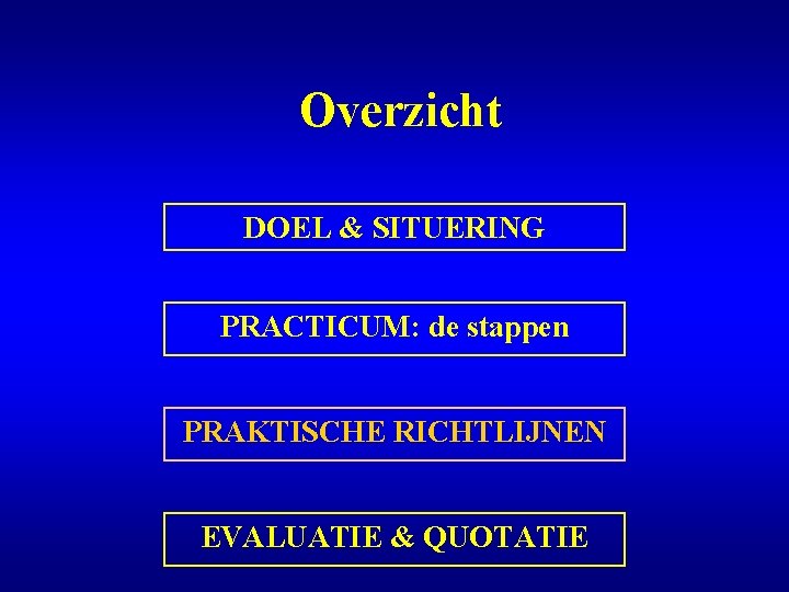 Overzicht DOEL & SITUERING PRACTICUM: de stappen PRAKTISCHE RICHTLIJNEN EVALUATIE & QUOTATIE 