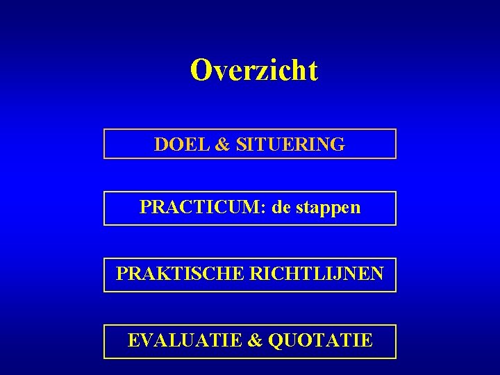 Overzicht DOEL & SITUERING PRACTICUM: de stappen PRAKTISCHE RICHTLIJNEN EVALUATIE & QUOTATIE 