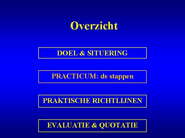 Overzicht DOEL & SITUERING PRACTICUM: de stappen PRAKTISCHE RICHTLIJNEN EVALUATIE & QUOTATIE 