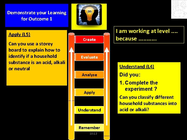 Demonstrate your Learning for Outcome 1 Apply (L 5) Can you use a storey