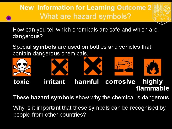 New Information for Learning Outcome 2 What are hazard symbols? How can you tell
