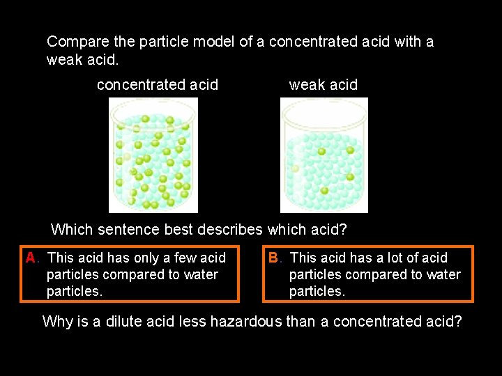 7 E Acids and alkalis - Concentrated and dilute Compare the particle model of