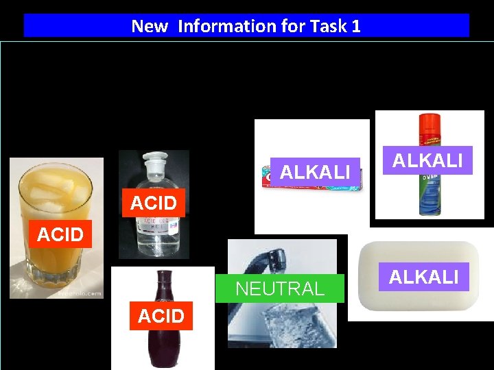 New Information for Task 1 • Acids and alkalis are groups of chemicals. ALKALI