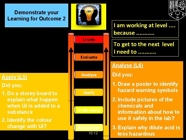 Demonstrate your Learning for Outcome 2 I am working at level. . because. .