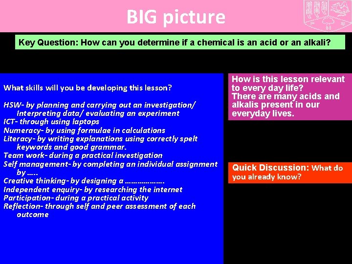 BIG picture Key Question: How can you determine if a chemical is an acid