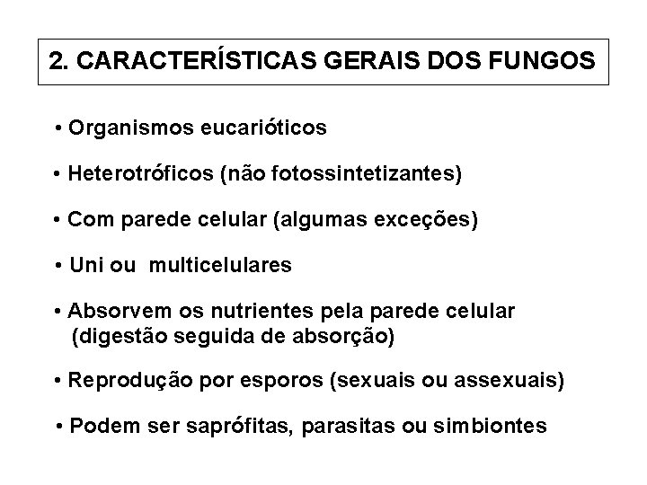2. CARACTERÍSTICAS GERAIS DOS FUNGOS • Organismos eucarióticos • Heterotróficos (não fotossintetizantes) • Com