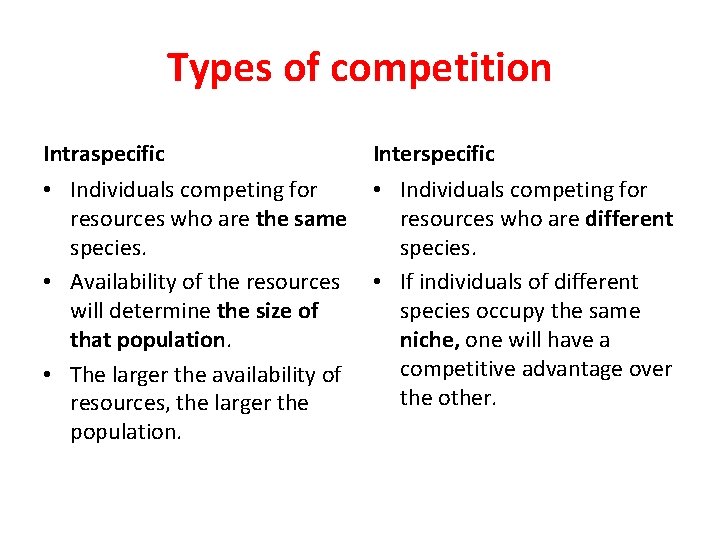 Types of competition Intraspecific Interspecific • Individuals competing for resources who are the same