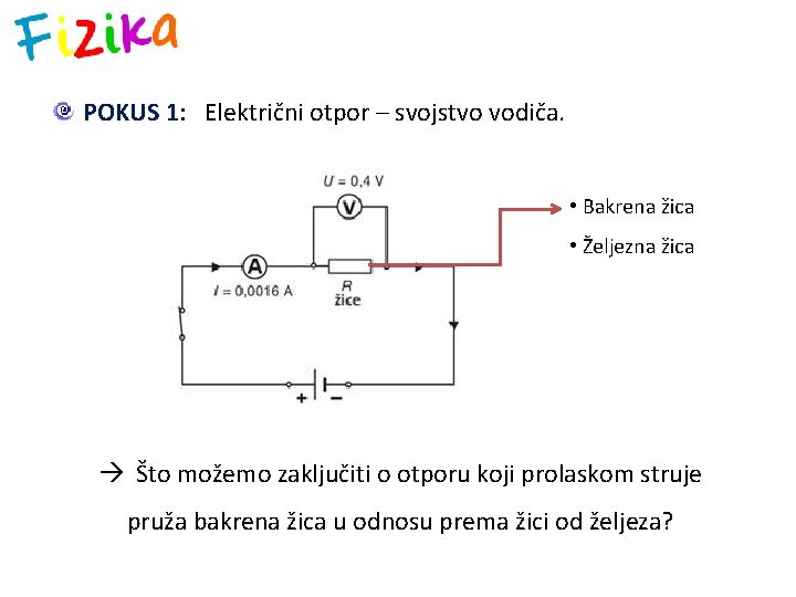 POKUS 1: Električni otpor – svojstvo vodiča. • Bakrena žica • Željezna žica Što