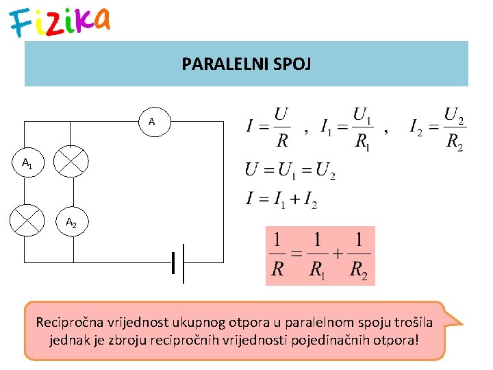PARALELNI SPOJ A A 1 A 2 Recipročna vrijednost ukupnog otpora u paralelnom spoju