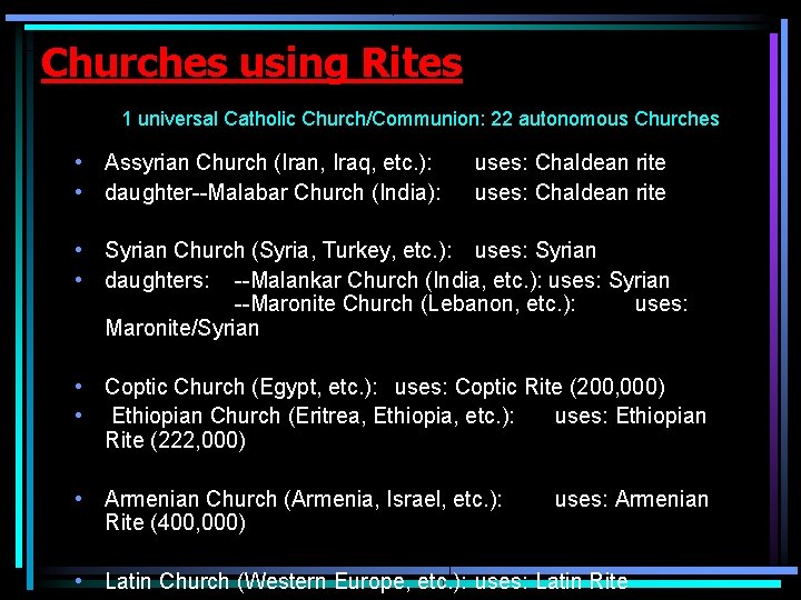 Churches using Rites 1 universal Catholic Church/Communion: 22 autonomous Churches • Assyrian Church (Iran,
