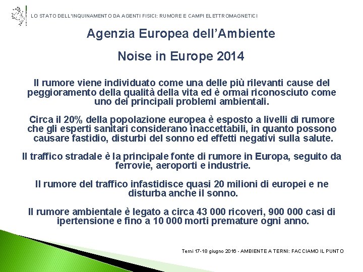 LO STATO DELL’INQUINAMENTO DA AGENTI FISICI: RUMORE E CAMPI ELETTROMAGNETICI Agenzia Europea dell’Ambiente Noise