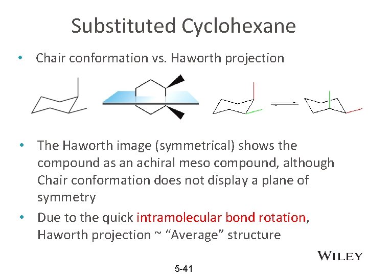 Substituted Cyclohexane • Chair conformation vs. Haworth projection • The Haworth image (symmetrical) shows