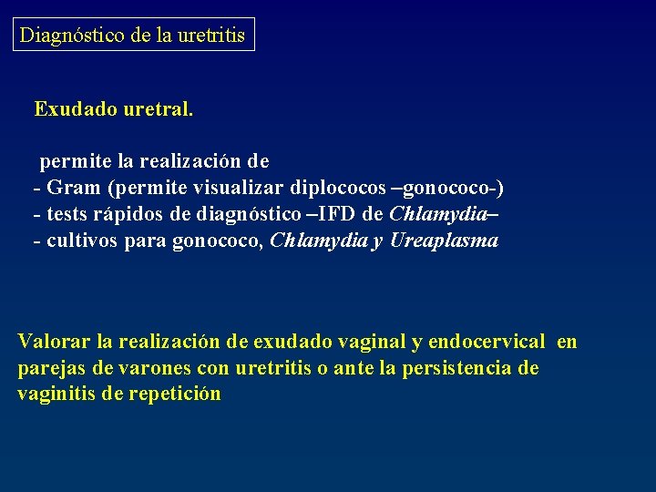 Diagnóstico de la uretritis Exudado uretral. permite la realización de - Gram (permite visualizar