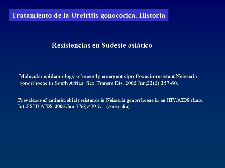 Tratamiento de la Uretritis gonocócica. Historia - Resistencias en Sudeste asiático Molecular epidemiology of