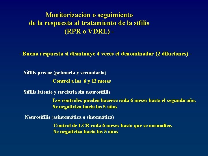 Monitorización o seguimiento de la respuesta al tratamiento de la sífilis (RPR o VDRL)