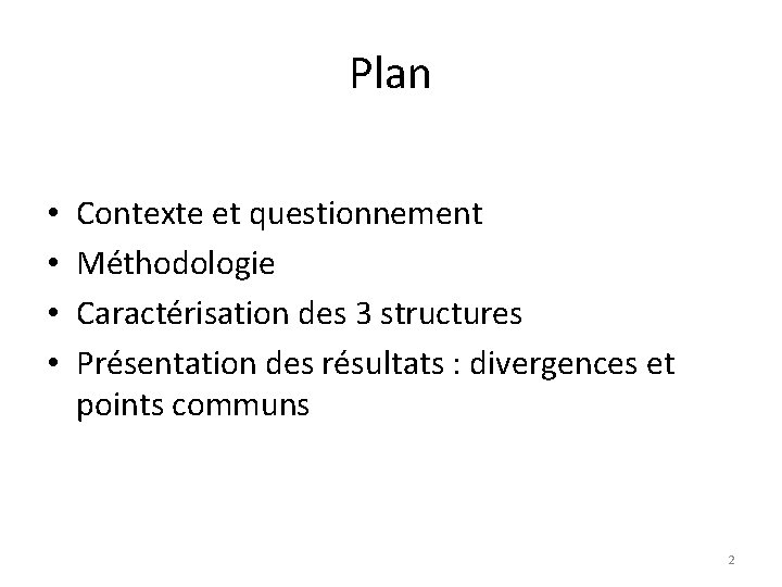 Plan • • Contexte et questionnement Méthodologie Caractérisation des 3 structures Présentation des résultats