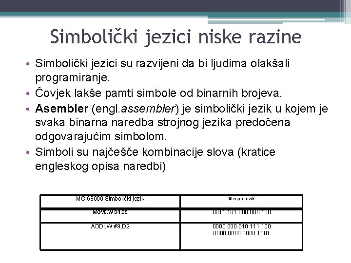 Simbolički jezici niske razine • Simbolički jezici su razvijeni da bi ljudima olakšali programiranje.