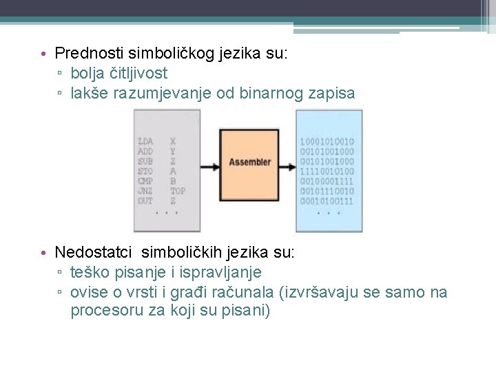  • Prednosti simboličkog jezika su: ▫ bolja čitljivost ▫ lakše razumjevanje od binarnog
