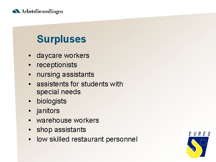 Surpluses • • • daycare workers receptionists nursing assistants assistents for students with special