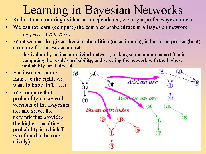 Learning in Bayesian Networks • Rather than assuming evidential independence, we might prefer Bayesian