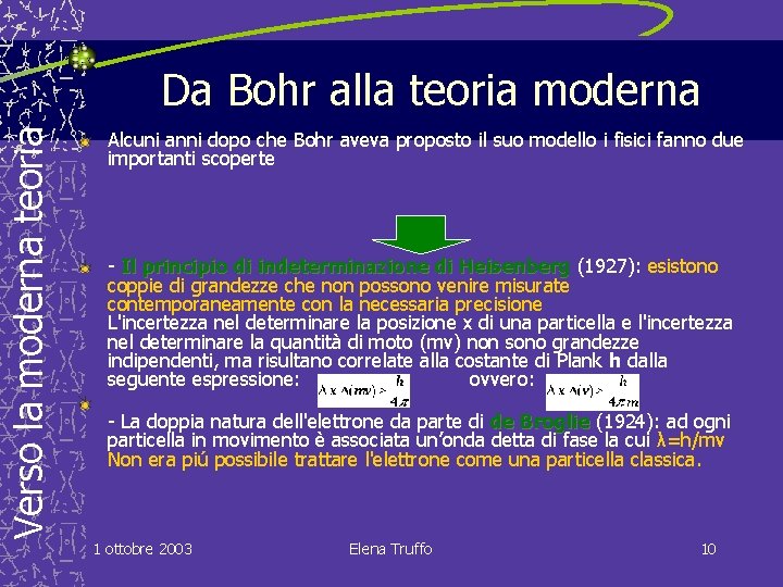 Verso la moderna teoria Da Bohr alla teoria moderna Alcuni anni dopo che Bohr