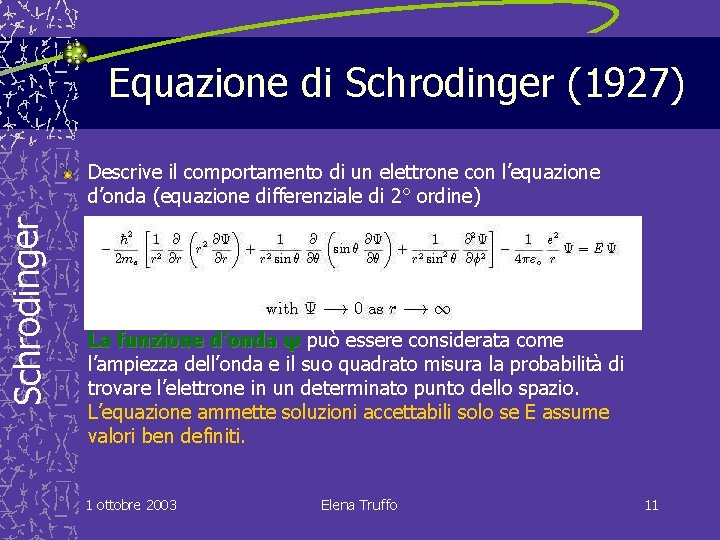 Equazione di Schrodinger (1927) Schrodinger Descrive il comportamento di un elettrone con l’equazione d’onda