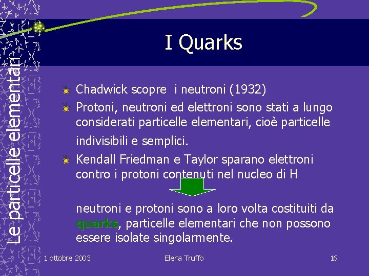Le particelle elementari I Quarks Chadwick scopre i neutroni (1932) Protoni, neutroni ed elettroni