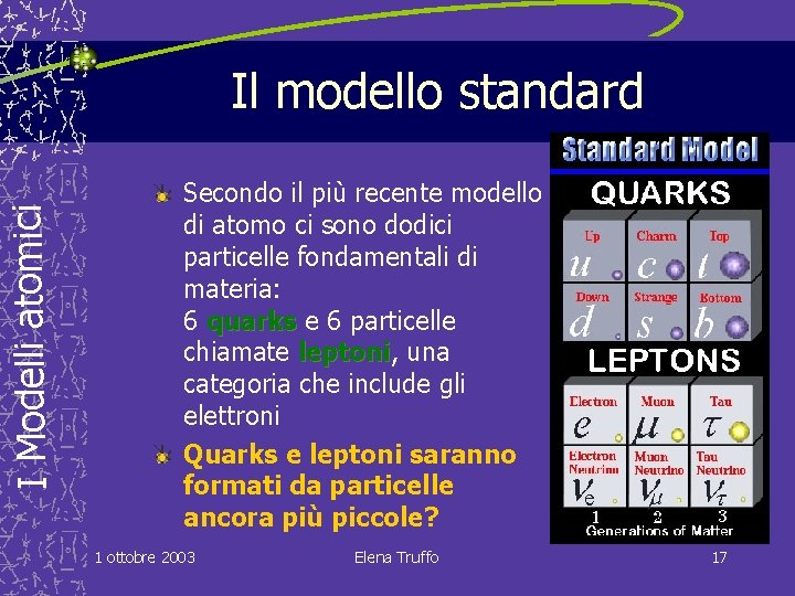 I Modelli atomici Il modello standard Secondo il più recente modello di atomo ci