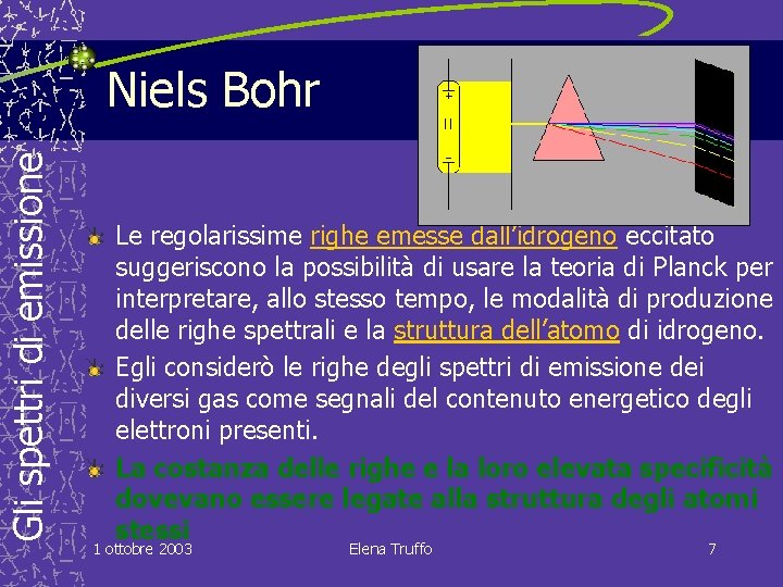 Gli spettri di emissione Niels Bohr Le regolarissime righe emesse dall’idrogeno eccitato suggeriscono la