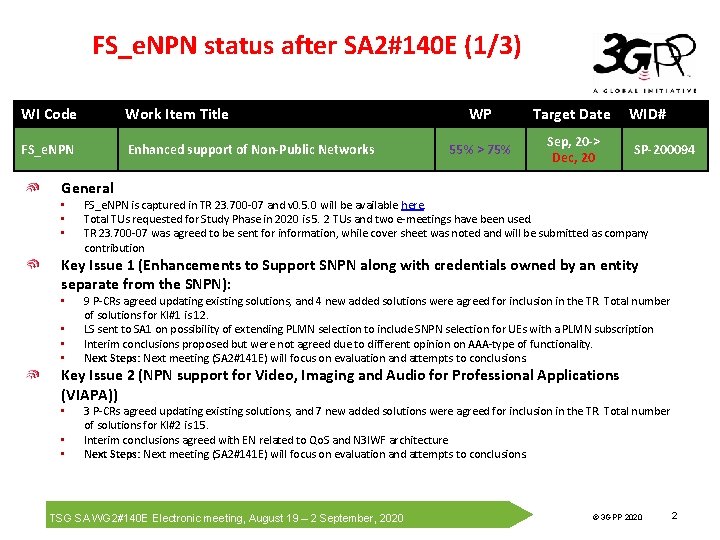 FS_e. NPN status after SA 2#140 E (1/3) WI Code Work Item Title FS_e.