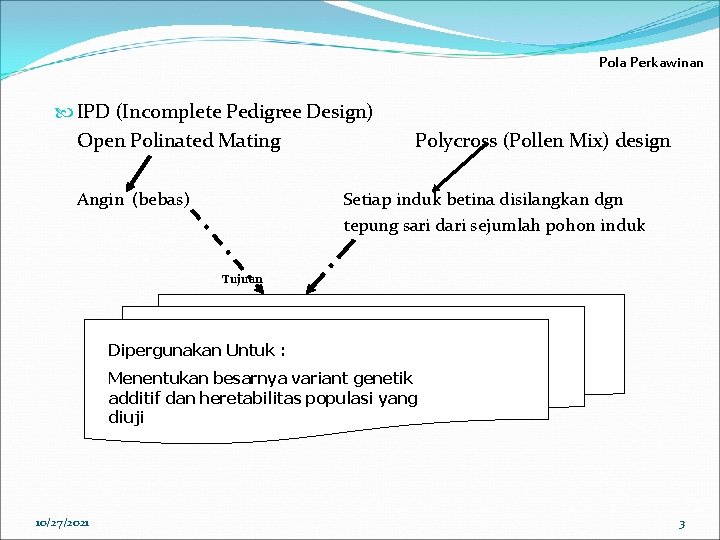 Pola Perkawinan IPD (Incomplete Pedigree Design) Open Polinated Mating Angin (bebas) Polycross (Pollen Mix)