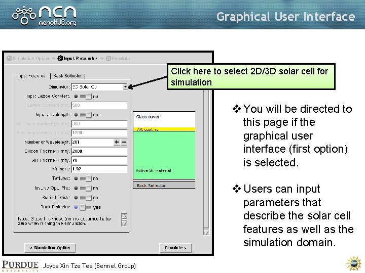 Graphical User Interface Click here to select 2 D/3 D solar cell for simulation