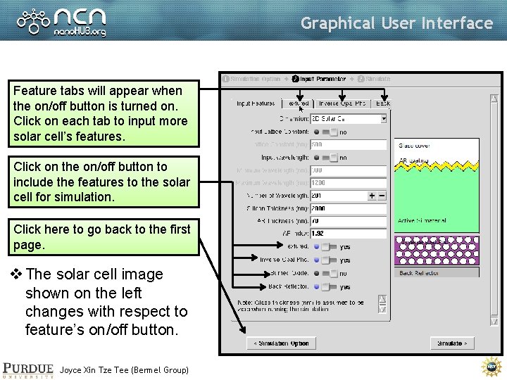 Graphical User Interface Feature tabs will appear when the on/off button is turned on.