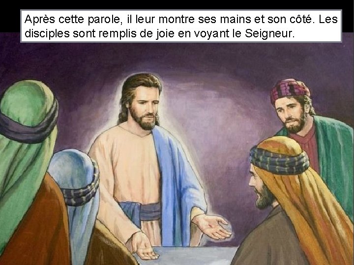 Après cette parole, il leur montre ses mains et son côté. Les disciples sont