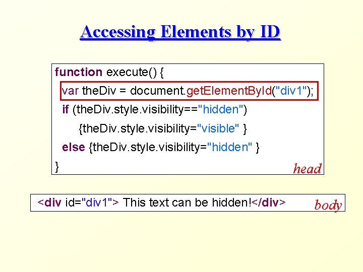 Accessing Elements by ID function execute() { var the. Div = document. get. Element.