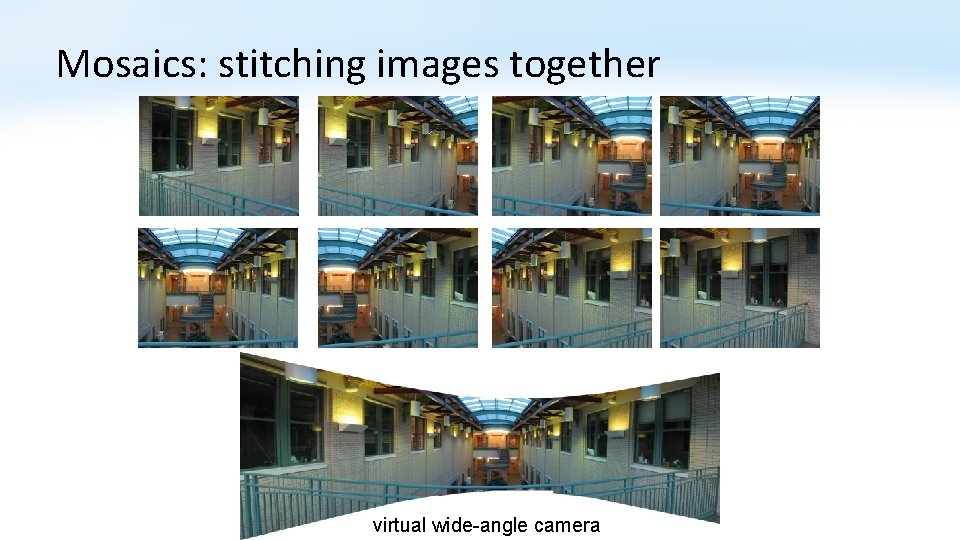 Mosaics: stitching images together virtual wide-angle camera 