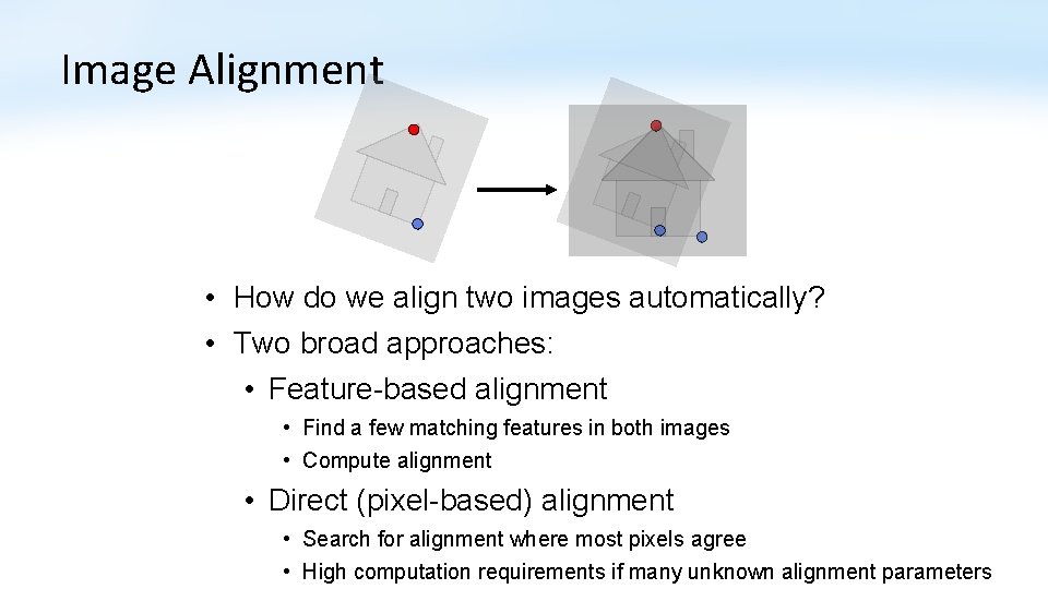 Image Alignment • How do we align two images automatically? • Two broad approaches: