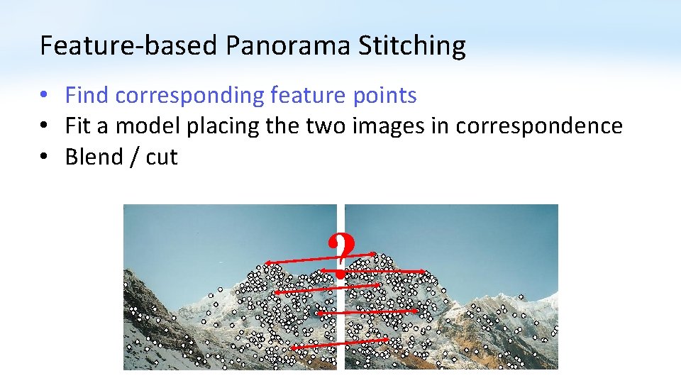 Feature-based Panorama Stitching • Find corresponding feature points • Fit a model placing the