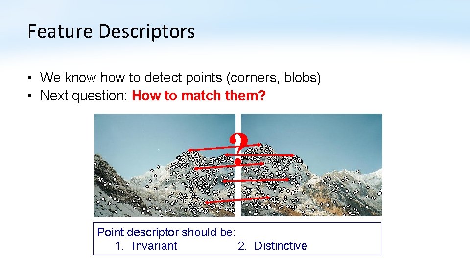 Feature Descriptors • We know how to detect points (corners, blobs) • Next question: