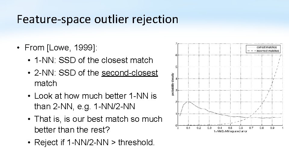 Feature-space outlier rejection • From [Lowe, 1999]: • 1 -NN: SSD of the closest