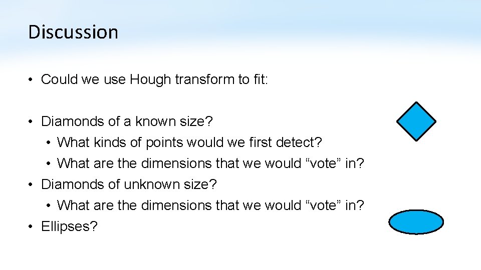 Discussion • Could we use Hough transform to fit: • Diamonds of a known