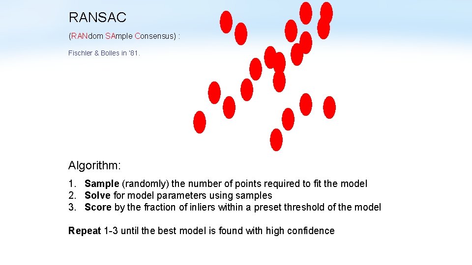 RANSAC (RANdom SAmple Consensus) : Fischler & Bolles in ‘ 81. Algorithm: 1. Sample