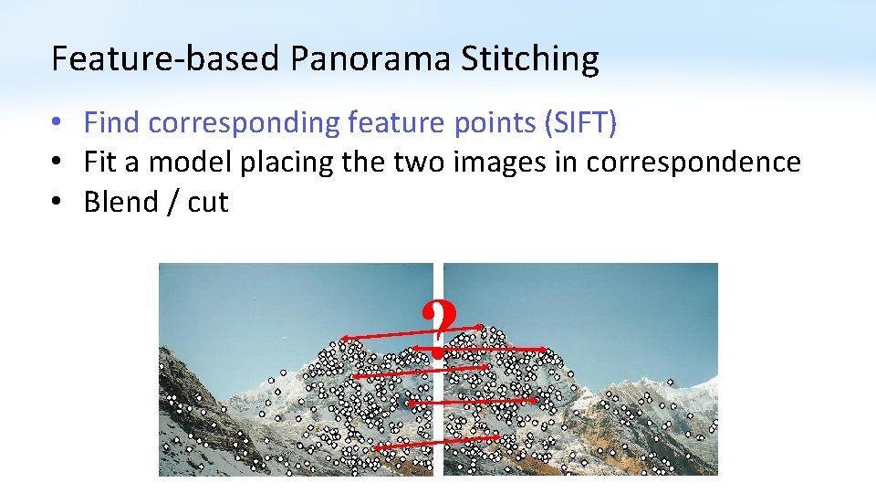 Feature-based Panorama Stitching • Find corresponding feature points (SIFT) • Fit a model placing