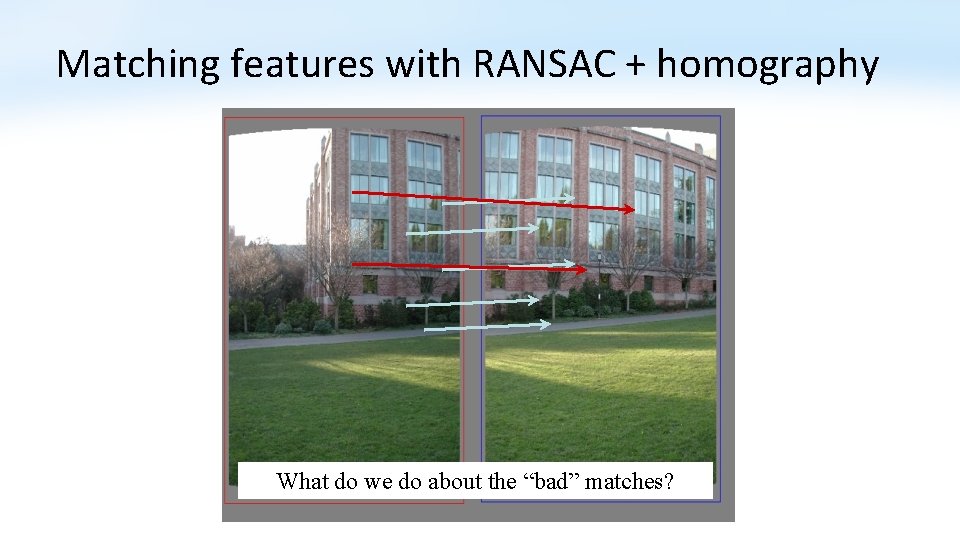 Matching features with RANSAC + homography What do we do about the “bad” matches?