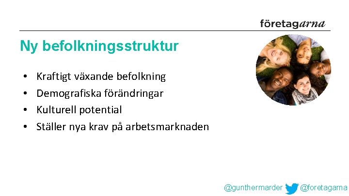 Ny befolkningsstruktur • • Kraftigt växande befolkning Demografiska förändringar Kulturell potential Ställer nya krav