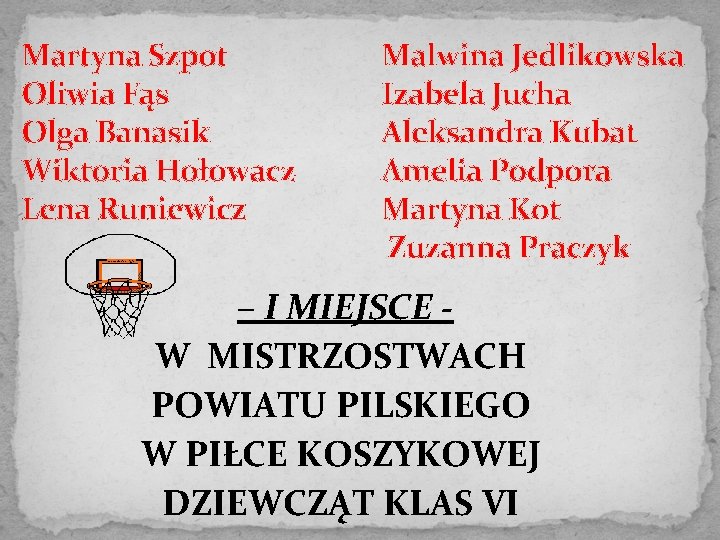 Martyna Szpot Oliwia Fąs Olga Banasik Wiktoria Hołowacz Lena Runiewicz Malwina Jedlikowska Izabela Jucha